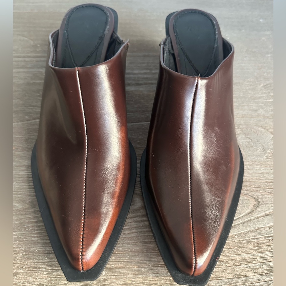 Zara Brown Leather Pointed Shoe Sandal Size 38 / 7.5
